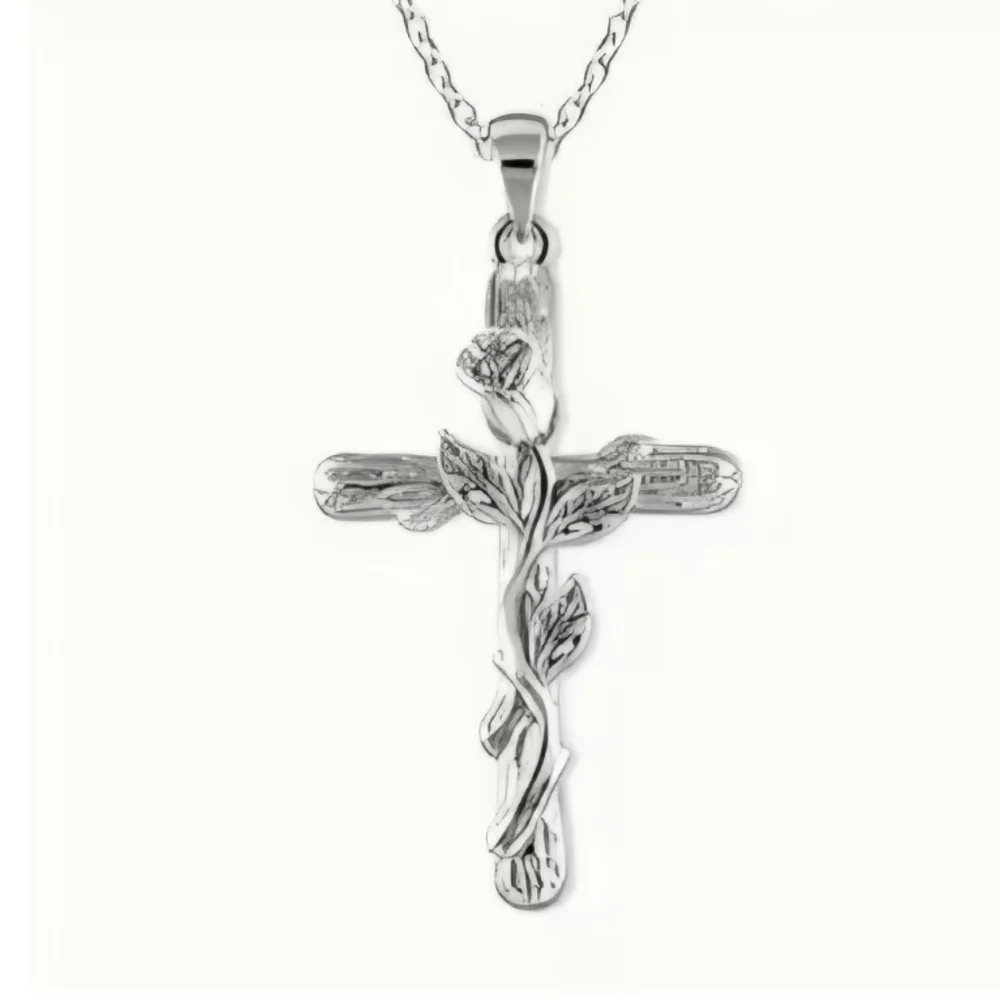 NEW Rose Cross Necklace Silver Tone